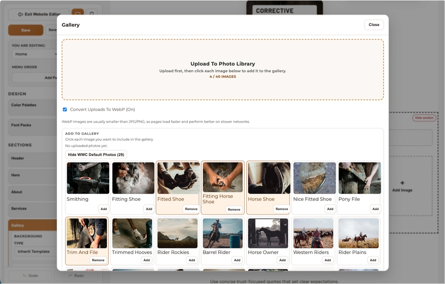 Website gallery management view